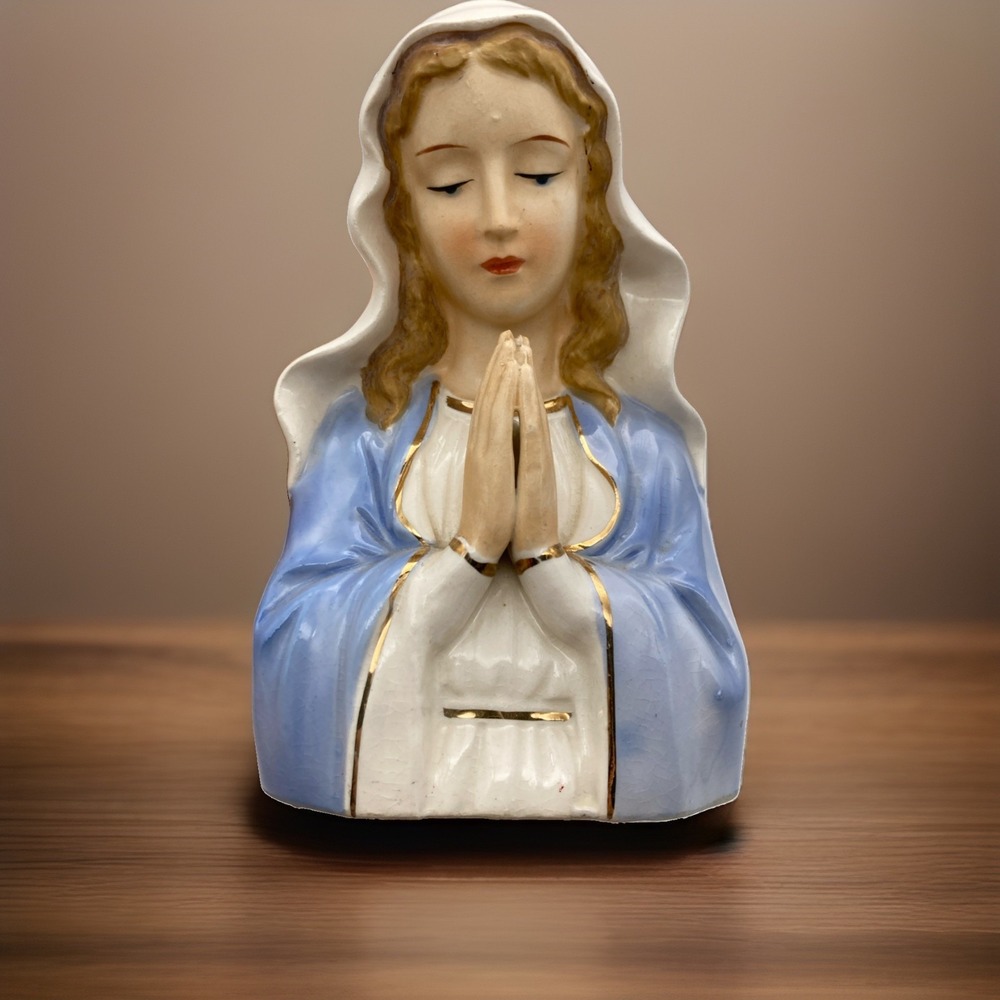 Vintage Relpo Virgin Mary Madonna Ceramic Planter Catholic Religious Figurine 5"